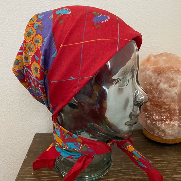 100% Silk Scarf with Gold, Purple, Green, Blue Flowers on Maroon - Picture 3 of 6